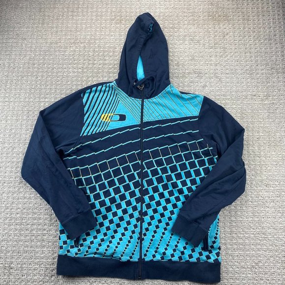Oakley Sweater Men XXL 2XL Navy Blue Teal Hoodie Full Zip Checkered Slim Fit - Picture 1 of 9